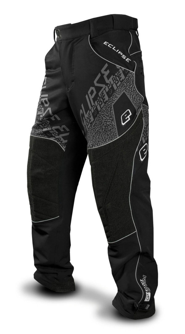 Black Paintball Pants with Eclipse written on them - front view