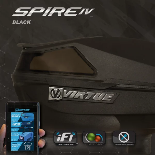 Paintball Virtue Spire IV Loader - Black - Ad showing smartphone control, ifi technology, jam proof, toolless design