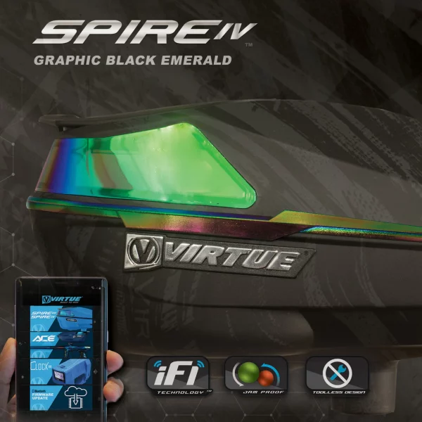 Paintball Virtue Spire IV Loader - Graphic Black Emerald - Ad showing smartphone control, ifi technology, jam proof, toolless design