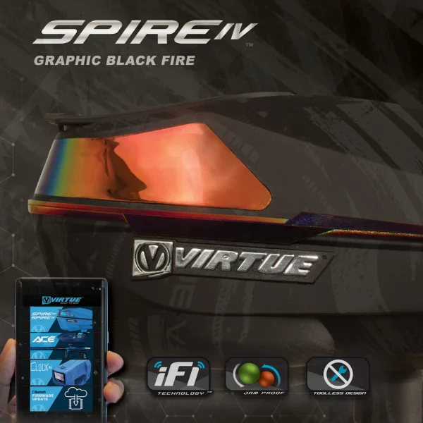 Paintball Virtue Spire IV Loader - Graphic Black Fire - Ad showing smartphone control, ifi technology, jam proof, toolless design