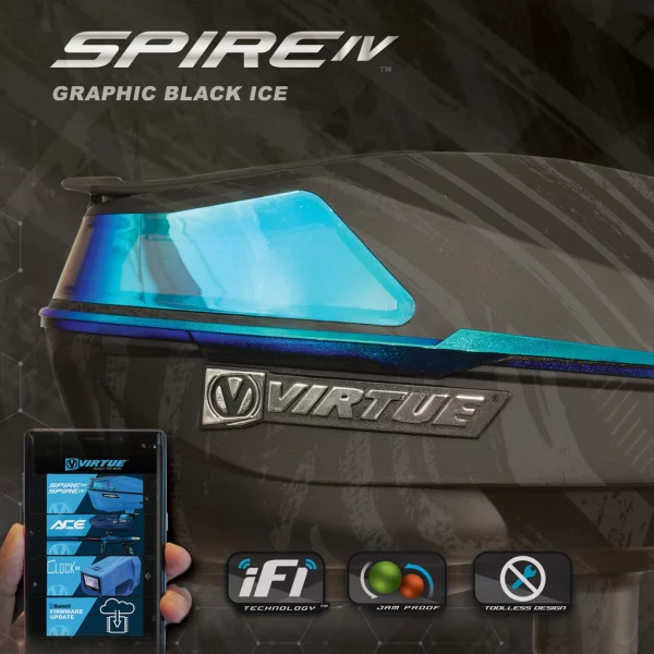 Paintball Virtue Spire IV Loader - Graphic Black Ice - Ad showing smartphone control, ifi technology, jam proof, toolless design